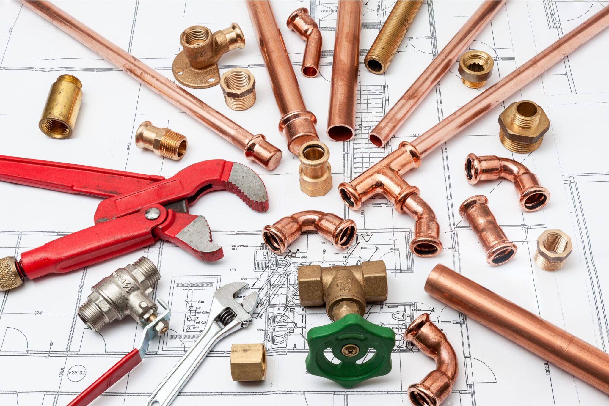Copper pipes, fittings, valves, and plumbing tools in Fort Myers