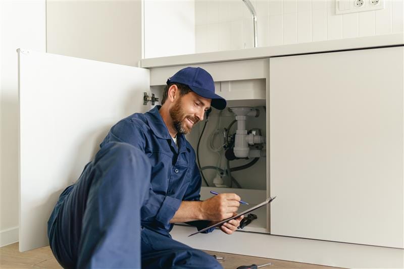 Residential plumber reviewing plumbing repairs in a Fort Myers kitchen
